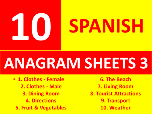 10 Spanish Anagram Sheets 3 GCSE or KS3 Keyword Starters Wordsearch Homework or Cover Lesson