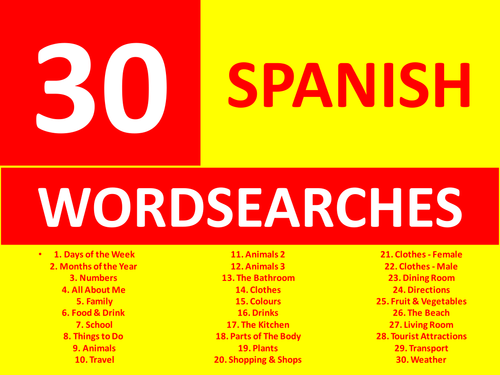 30 Spanish Wordsearches GCSE or KS3 Keyword Starters Wordsearch Homework or Cover Lesson