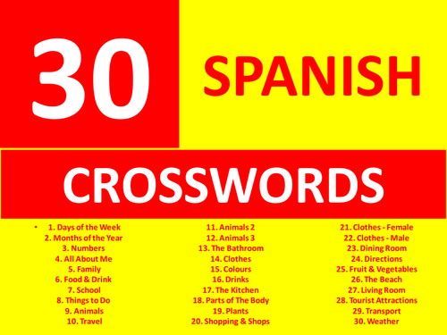 30 Spanish Crosswords GCSE or KS3 Keyword Starters Wordsearch Homework or Cover Lesson