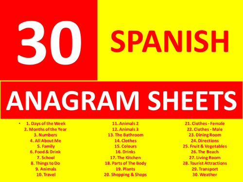30 Spanish Anagram Sheets GCSE or KS3 Keyword Starters Wordsearch Homework or Cover Lesson