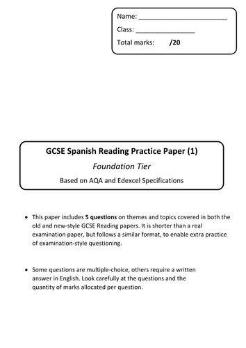 GCSE Spanish  - 1 Short Foundation Reading Paper and Answers