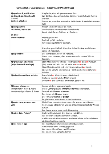 German Higher Level Language List for GCSE