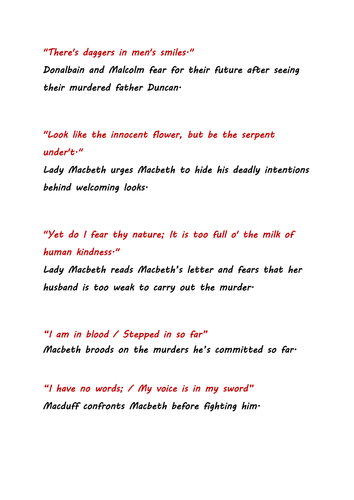 AQA English Lit Paper 1 - Macbeth - Quotation Revision Activity - Illustrate Key Quotations