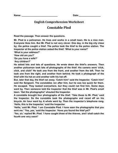 'Constable Plod' English Comprehension Worksheet With Answers