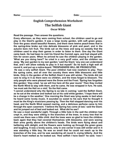 'The Selfish Giant' English Comprehension Worksheet