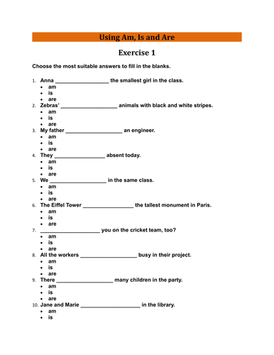 Exercise of Using Am, Is and Are With Answers