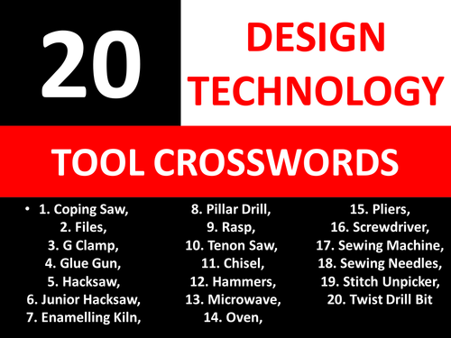 20 Crosswords Design Technology Tools KS3 GCSE Keyword Starters Wordsearch Cover Lesson Homework