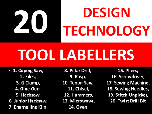 20 Tools Tool Labellers Design Technology Tools KS3 GCSE Keyword Starters Cover Lesson Homework
