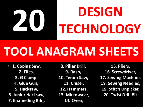 20 Anagram Sheets Design Technology Tools KS3 GCSE Keyword Starters Wordsearch Cover Lesson Homework