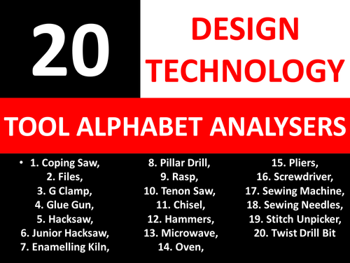 20 Alphabet Analysers Design Technology Tools KS3 GCSE Keyword Starters Cover Lesson Homework
