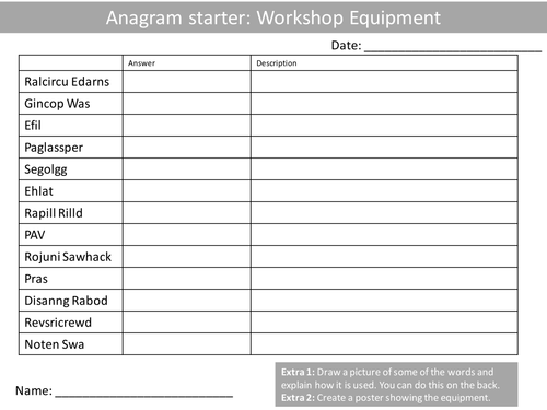 30 Anagram Sheets Design Technology KS3 GCSE Keyword Starters Wordsearch Cover Lesson Homework