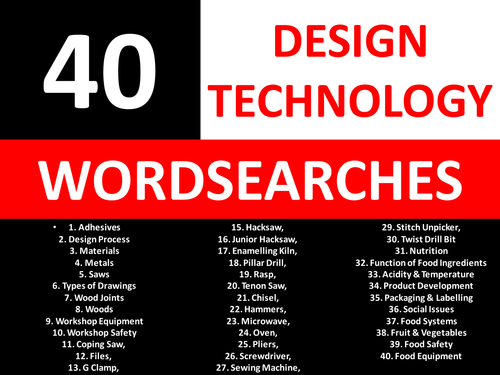 40 Wordsearches Design Technology KS3 GCSE Keyword Starters Wordsearch Cover Lesson Homework