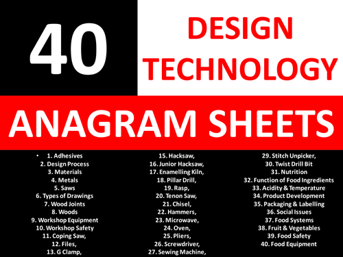 40 Anagram Sheets Design Technology KS3 GCSE Keyword Starters Cover Lesson Homework