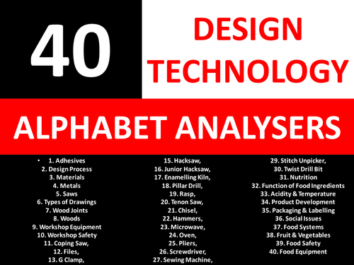 40 Alphabet Analysers Design Technology KS3 GCSE Keyword Starters Cover Lesson Homework
