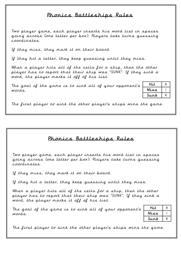 Year 1 Phonics Battleships