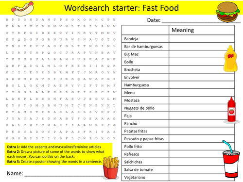 Spanish Fast Food Keyword Wordsearch Crossword Anagrams Keyword Starters Homework Cover