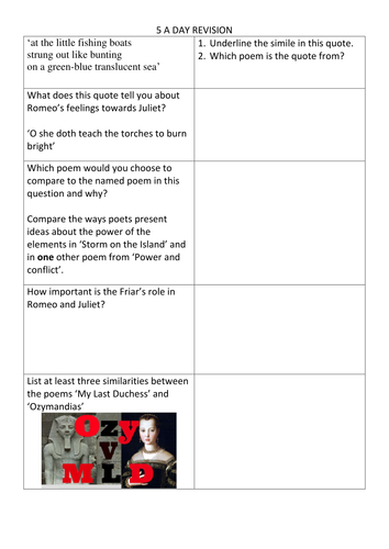 8 Five-A-Day Revision Activities for AQA English / English Literature