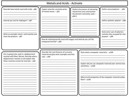 ks3 activate science metals and acids revision worksheet by