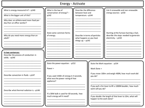ks3 activate science energy topic revision worksheet teaching resources
