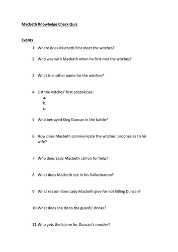 Macbeth Recall Quiz Teaching Resources