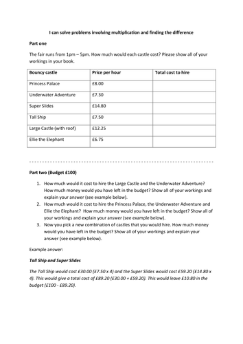 Solving problems using multiplication and finding the difference