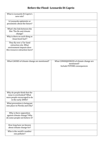 Before The Flood Question Sheet Teaching Resources