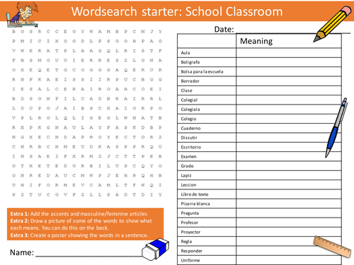 Spanish The School Classroom Keyword Wordsearch Crossword Anagrams Keyword Starters Homework Cover
