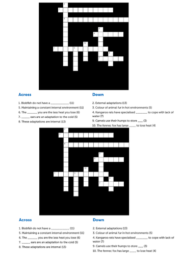 Adaptations Crossword Teaching Resources