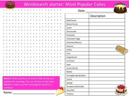 Food Most Popular Cakes Keywords KS3 GCSE Starter Activities Wordsearch, Anagrams Cover Homework