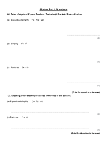 Gcse Maths Higher Exam Practise Questions On Algebra One Question Per Topic Teaching Resources
