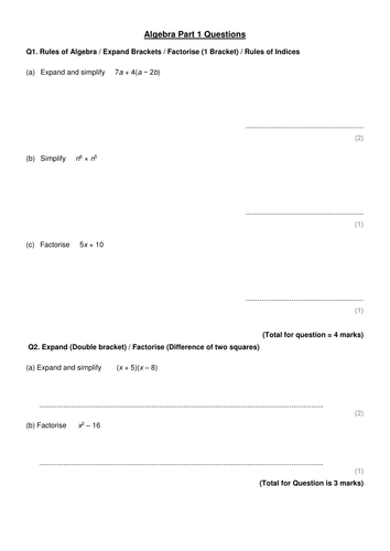 GCSE Maths Higher Exam Practise Questions on Algebra - One Question Per Topic