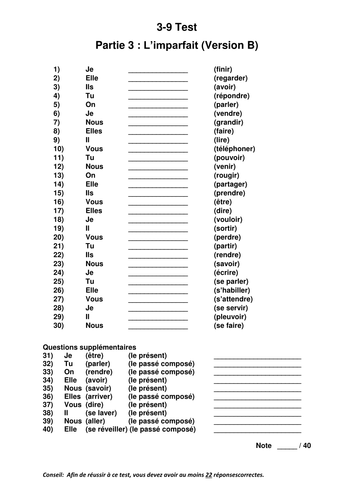 French: Stage 3-9: Test on the imperfect tense - Version B