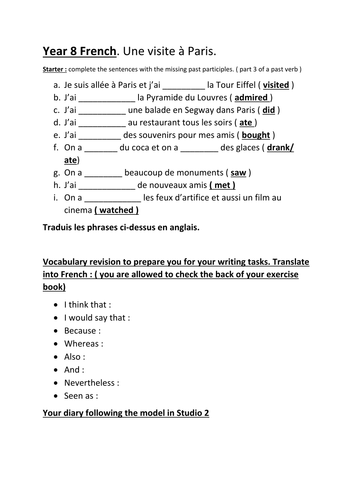 A visit to Paris. Perfect tense practice and translations. Use of Je and On in the perfect