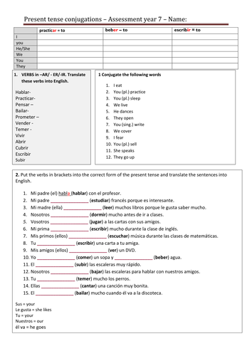 Present tense conjugation - French and Spanish - assessment | Teaching ...