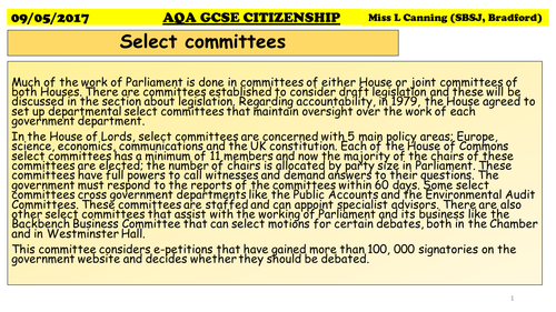 How Parliament Works-AQA GCSE CITIZENSHIP