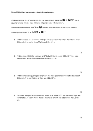 Time of Flight mass spectrometry kinetic energy problems A-level chemistry - with answers