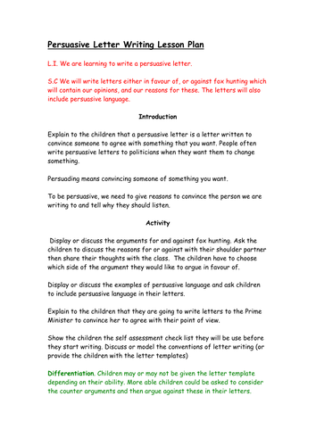 Persuasive Letter With Context of Fox Hunting  Lesson Plan