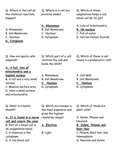 AQA Biology GCSE 2016 B1 and B2 Quiz Cards
