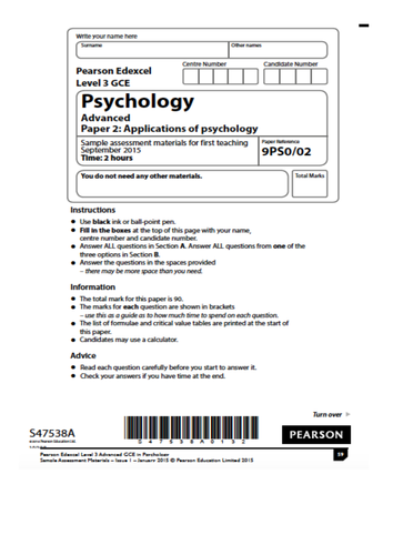 Edexcel Psychology. Paper Two. Example Papers for students to complete.