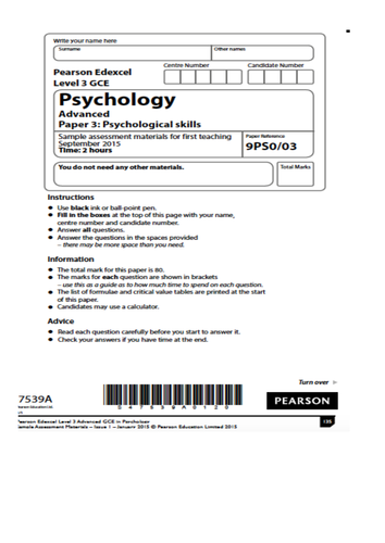 Edexcel Psychology A2 Paper Three. Example Papers for ...