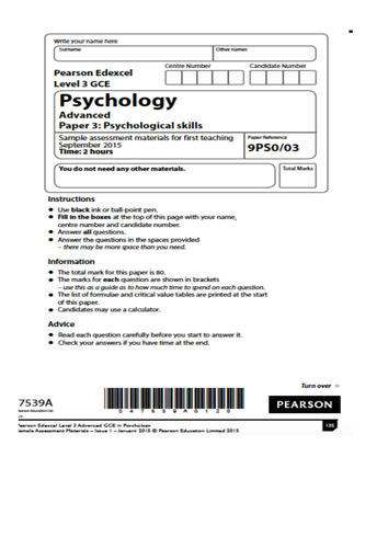 Edexcel Psychology A2 Paper Three. Example Papers for revision and assessment