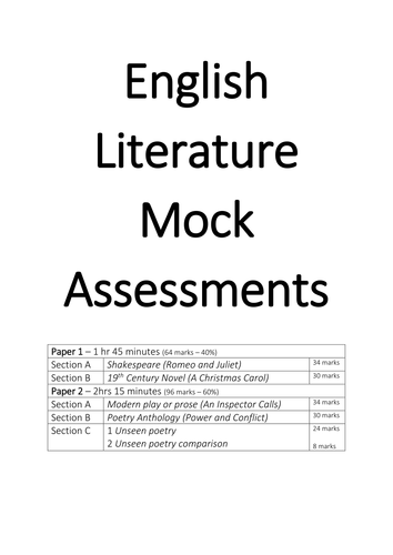 Year 10 and Year 11 AQA English Literature Mock Assessments Papers 1 and 2