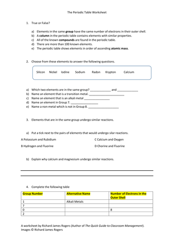 The Periodic Table Worksheet With Answers Teaching Resources