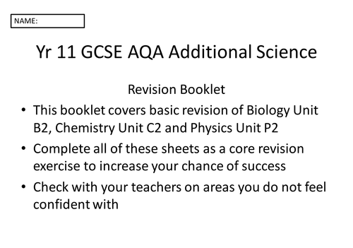 GCSE  AQA Additional Science Revision Sheets