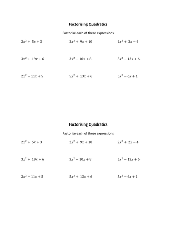 Algebra - Factorising and Solving Quadratics - 2 Worksheets