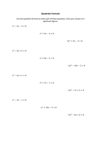 Algebra - Solving Quadratics, Quadratic Formulas - 2 Worksheets