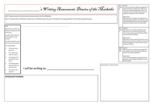 Writing Assessment Planning Sheet - Macbeth Diaries