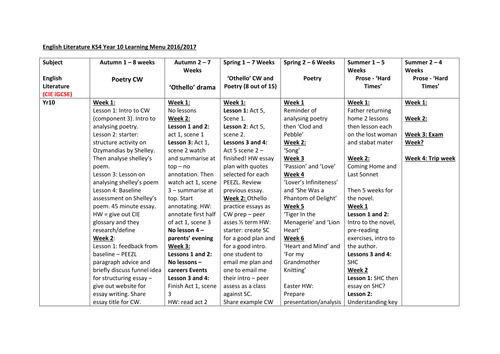 CIE English Literature Learning Menu Year 10