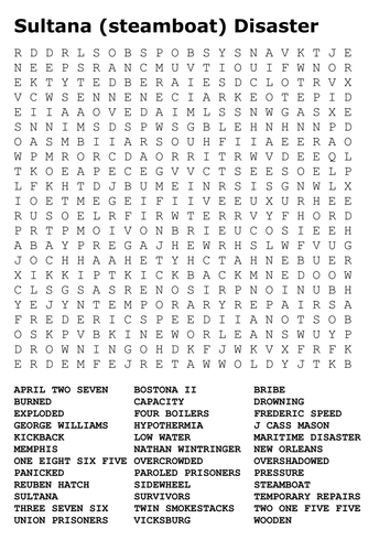 Sultana (steamboat) Disaster Word Search