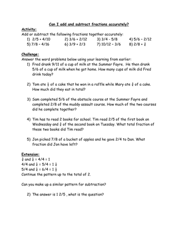 Adding and subtracting fractions differentiated worksheets KS2 Year 5 /